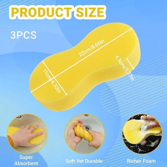 Alt view image 2 of 6 - 3-Pack Car Wash Sponges, 8.7" x 4.3" Large Sponges - Extra Thick Foam Cleaning Sponge for All-Purpose Cleaning, Ideal Washing Sponges for Kitchen, Bathroom, Household