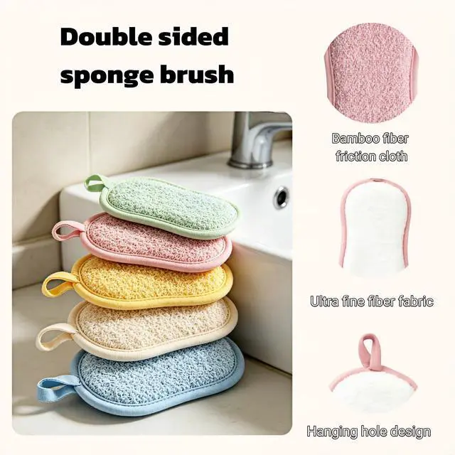 Alt view image 4 of 7 - Multipurpose Kitchen Scrub Sponges, Heavy Duty Cleaning Non-Scratch Scrub Sponge, Double-Sided Reusable Microfiber Sponge with Hanging Rope for Household Cleaning, Dishes, Pots (5 Colors)