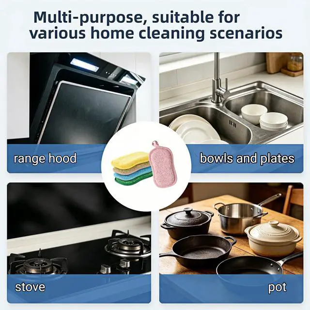 Alt view image 7 of 7 - Multipurpose Kitchen Scrub Sponges, Heavy Duty Cleaning Non-Scratch Scrub Sponge, Double-Sided Reusable Microfiber Sponge with Hanging Rope for Household Cleaning, Dishes, Pots (5 Colors)