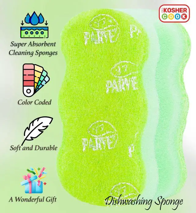 Alt view image 2 of 4 - Parve Green Dishwashing Sponges, Easy Grip Wavy Absorbent Cleaning Scrub and Scouring Pad, Durable and Soft, Color Coded Home and Kitchen Accessories