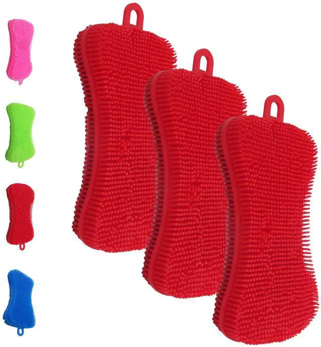 Main image of Silicone Dish Sponge - Dishwashing Kitchen Scrubber - Double Sided Sponge Brush - Multipurpose & Reusable Silicone Dish Sponges for Dishes, Fruits & Vegetables Cleaning - Red (3 Pack)