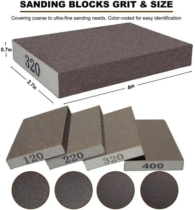 Alt view image 2 of 6 - 4 Pack Hand Sanding Sponge Set -120 220 320 400 Grit- Coarse Medium Fine Grit Sanding Block, Sander Sponges for Wood-Working Drywall Metal, Washable and Reusable Sponge for Rust Removal Polishing