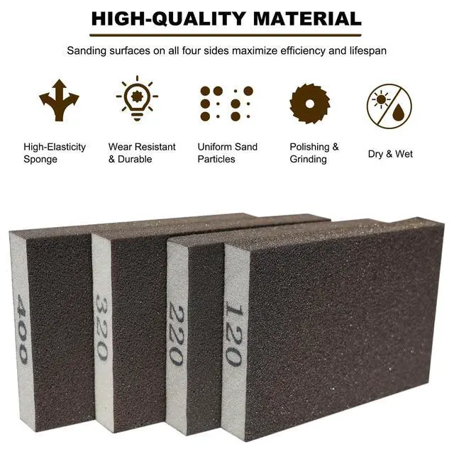 Alt view image 4 of 6 - 4 Pack Hand Sanding Sponge Set -120 220 320 400 Grit- Coarse Medium Fine Grit Sanding Block, Sander Sponges for Wood-Working Drywall Metal, Washable and Reusable Sponge for Rust Removal Polishing