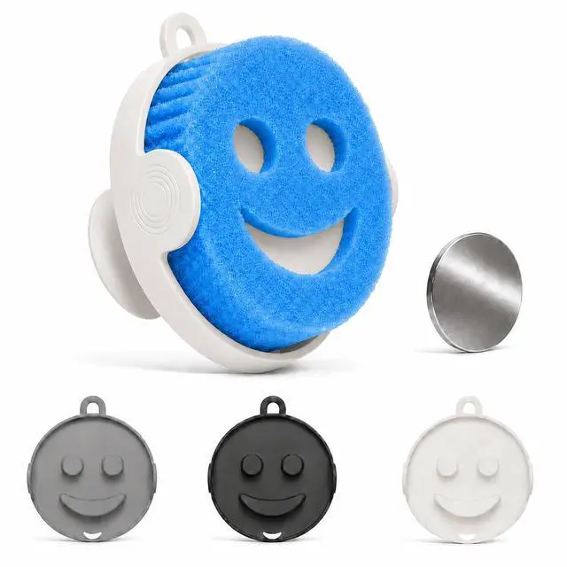 Main image of Magnetic Smiley Sponge Holder for Scrub Daddy Style Sponges, Kitchen Sink Sponge Caddy Organizer with Easy-Grip Handle, Self-Draining Drain Hole, Adhesive Metal Plate for Sink & CountertopWhite
