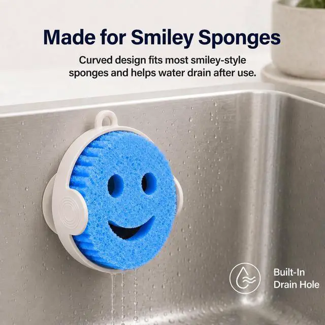 Alt view image 2 of 7 - Magnetic Smiley Sponge Holder for Scrub Daddy Style Sponges, Kitchen Sink Sponge Caddy Organizer with Easy-Grip Handle, Self-Draining Drain Hole, Adhesive Metal Plate for Sink & CountertopWhite