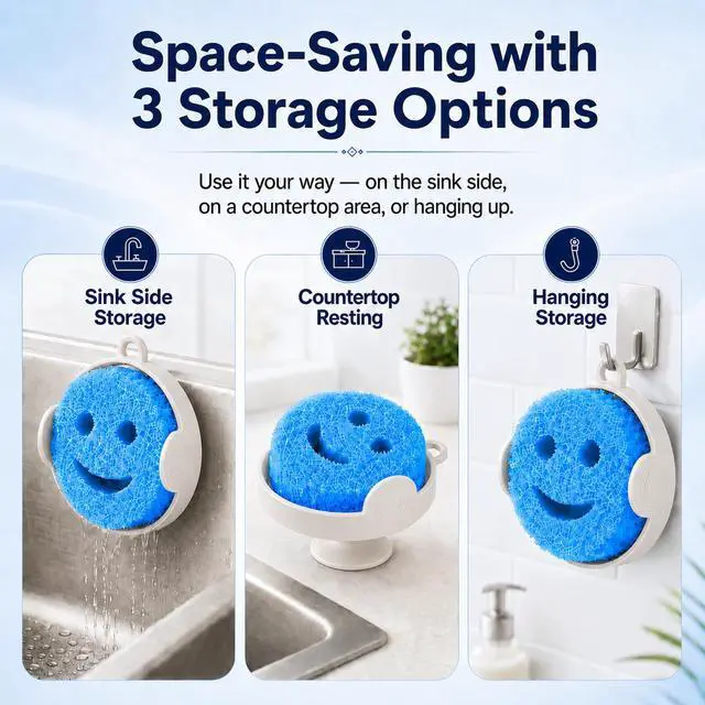 Alt view image 6 of 7 - Magnetic Smiley Sponge Holder for Scrub Daddy Style Sponges, Kitchen Sink Sponge Caddy Organizer with Easy-Grip Handle, Self-Draining Drain Hole, Adhesive Metal Plate for Sink & CountertopWhite