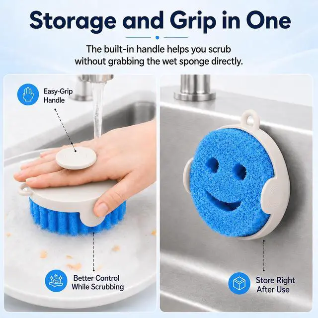 Alt view image 4 of 7 - Magnetic Smiley Sponge Holder for Scrub Daddy Style Sponges, Kitchen Sink Sponge Caddy Organizer with Easy-Grip Handle, Self-Draining Drain Hole, Adhesive Metal Plate for Sink & CountertopWhite