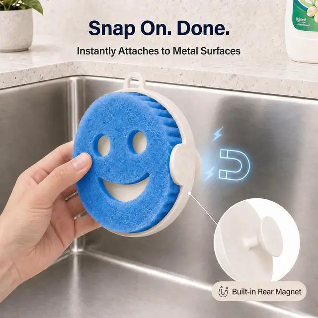 Alt view image 5 of 7 - Magnetic Smiley Sponge Holder for Scrub Daddy Style Sponges, Kitchen Sink Sponge Caddy Organizer with Easy-Grip Handle, Self-Draining Drain Hole, Adhesive Metal Plate for Sink & CountertopWhite