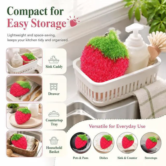 Alt view image 4 of 7 - Strawberry Dish Scrubber Non Scratch Dish Washing Scrubbers Reusable Household Cleaning Kitchen Tools for Dishwashing Washing Dishes Cookware Tubs Sinks, Rose Red