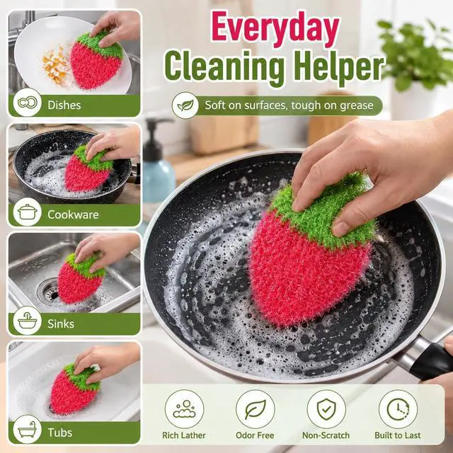 Alt view image 3 of 7 - Strawberry Dish Scrubber Non Scratch Dish Washing Scrubbers Reusable Household Cleaning Kitchen Tools for Dishwashing Washing Dishes Cookware Tubs Sinks, Rose Red