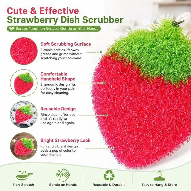 Alt view image 7 of 7 - Strawberry Dish Scrubber Non Scratch Dish Washing Scrubbers Reusable Household Cleaning Kitchen Tools for Dishwashing Washing Dishes Cookware Tubs Sinks, Rose Red