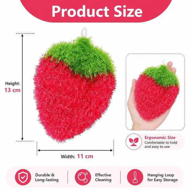 Alt view image 5 of 7 - Strawberry Dish Scrubber Non Scratch Dish Washing Scrubbers Reusable Household Cleaning Kitchen Tools for Dishwashing Washing Dishes Cookware Tubs Sinks, Rose Red