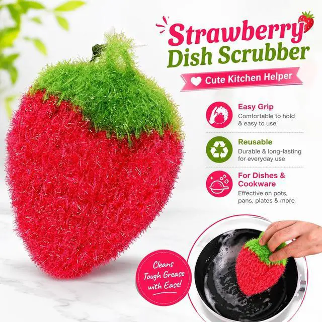 Alt view image 6 of 7 - Strawberry Dish Scrubber Non Scratch Dish Washing Scrubbers Reusable Household Cleaning Kitchen Tools for Dishwashing Washing Dishes Cookware Tubs Sinks, Rose Red