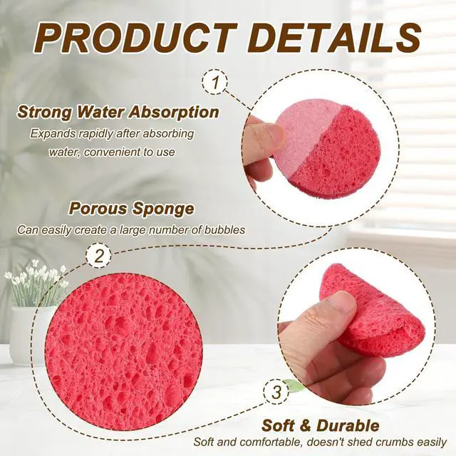 Alt view image 3 of 7 - 10Pcs Cellulose Sponges, Round Kitchen Clean Sponges Non-Scratch Compressed Dish Scrubber for Kitchen Household Cookware Bathroom Cleaning & DIY, Pink
