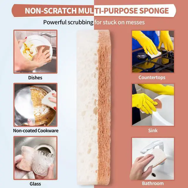 Alt view image 3 of 7 - Natural Dish Sponge 12 Pack, Non-Scratch Scrub Kitchen Sponge, Eco Multipurpose, Odor-Less Dual-Sided for Dish Washing & Household Cleaning