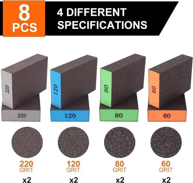 Alt view image 3 of 7 - 8-Pack Sanding Sponge, Four Grits Per Pack 60/80/120/220, Washable and Reusable Handmade Sandpaper Block, Drywall Sandpaper Blocks for Wooden Drywall Sheetrock and Metal Glazing