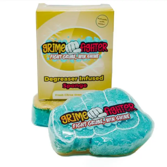 Main image of Degreaser Dish Soap Infused Cleaning Sponge, Activates with Water, 2 Pack, Non Scratch, Ergonomic, Fresh Citrus Orange Scent