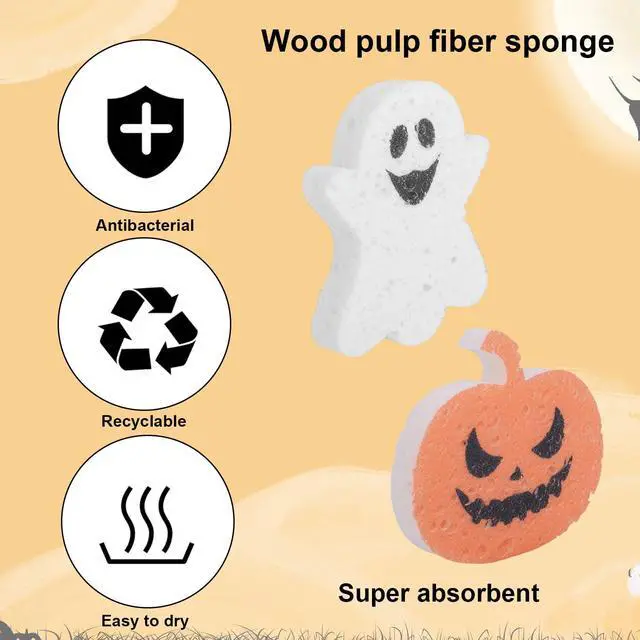 Alt view image 3 of 7 - 4pcs Halloween Kitchen Sponges, Cute Pumpkin Ghost Halloween Fall Cleaning Spongelle Loofah Non Scratch Household for Kitchen Dish Pots Pans