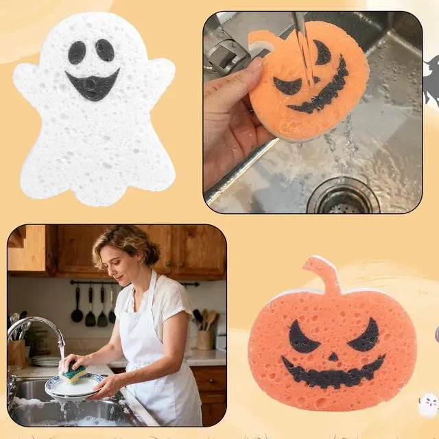 Alt view image 6 of 7 - 4pcs Halloween Kitchen Sponges, Cute Pumpkin Ghost Halloween Fall Cleaning Spongelle Loofah Non Scratch Household for Kitchen Dish Pots Pans