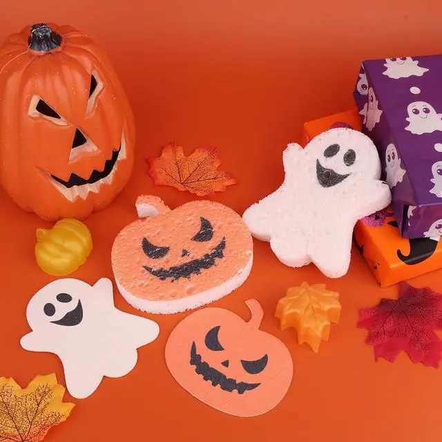 Alt view image 5 of 7 - 4pcs Halloween Kitchen Sponges, Cute Pumpkin Ghost Halloween Fall Cleaning Spongelle Loofah Non Scratch Household for Kitchen Dish Pots Pans