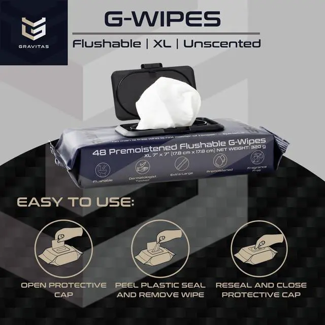 Alt view image 2 of 6 - G-Wipes: Flushable Wipes for Men - 48 Extra-Large Unscented Wipe, Pre-Moistened, Vitamin E & Aloe Vera, Biodegradable, Body Hygiene, for Daily Use, Resealable Hard Top