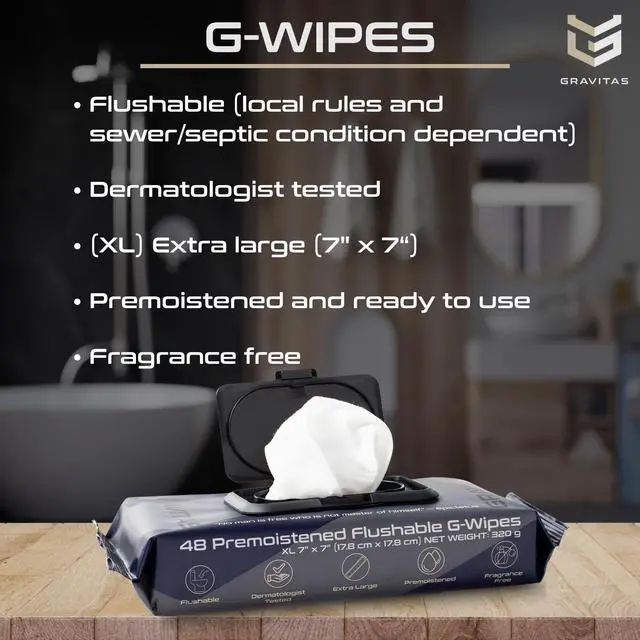 Alt view image 3 of 6 - G-Wipes: Flushable Wipes for Men - 48 Extra-Large Unscented Wipe, Pre-Moistened, Vitamin E & Aloe Vera, Biodegradable, Body Hygiene, for Daily Use, Resealable Hard Top