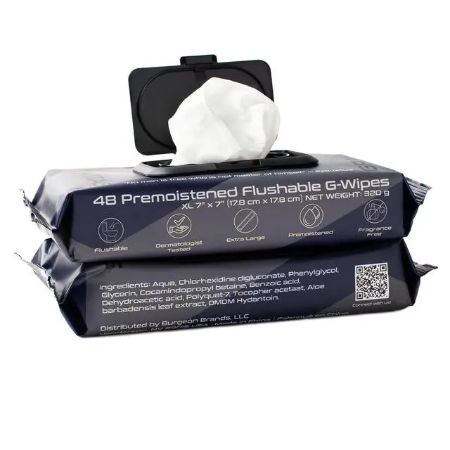 Alt view image 4 of 6 - G-Wipes: Flushable Wipes for Men - 48 Extra-Large Unscented Wipe, Pre-Moistened, Vitamin E & Aloe Vera, Biodegradable, Body Hygiene, for Daily Use, Resealable Hard Top