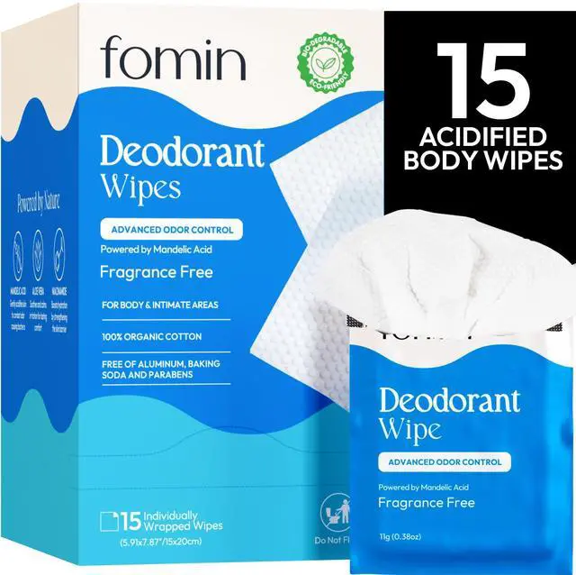 Main image of Acidified Travel Deodorant Wipes For Women & Men - 15 Count - Fragrance Free - pH Balanced, Mini Deodorant Travel Size - Plastic-Free, Individually Wrapped Underarm Body Wipes