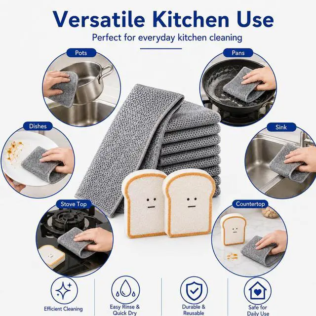 Alt view image 5 of 7 - Non Scratch Wire Dishcloths 8 Pack with 2 Kitchen Sponges, Reusable Double Layer Wire Cleaning Cloths for Pots, Pans, Dishes, Sinks and Stove Tops