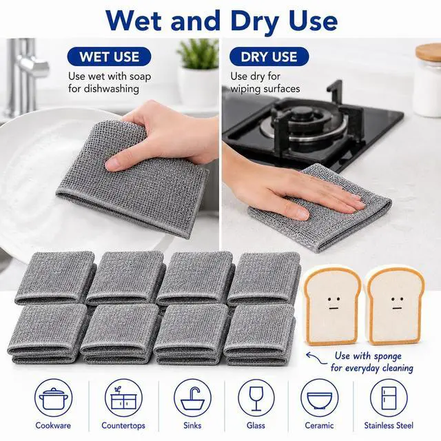 Alt view image 4 of 7 - Non Scratch Wire Dishcloths 8 Pack with 2 Kitchen Sponges, Reusable Double Layer Wire Cleaning Cloths for Pots, Pans, Dishes, Sinks and Stove Tops