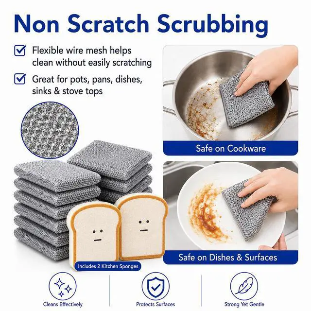 Alt view image 3 of 7 - Non Scratch Wire Dishcloths 8 Pack with 2 Kitchen Sponges, Reusable Double Layer Wire Cleaning Cloths for Pots, Pans, Dishes, Sinks and Stove Tops