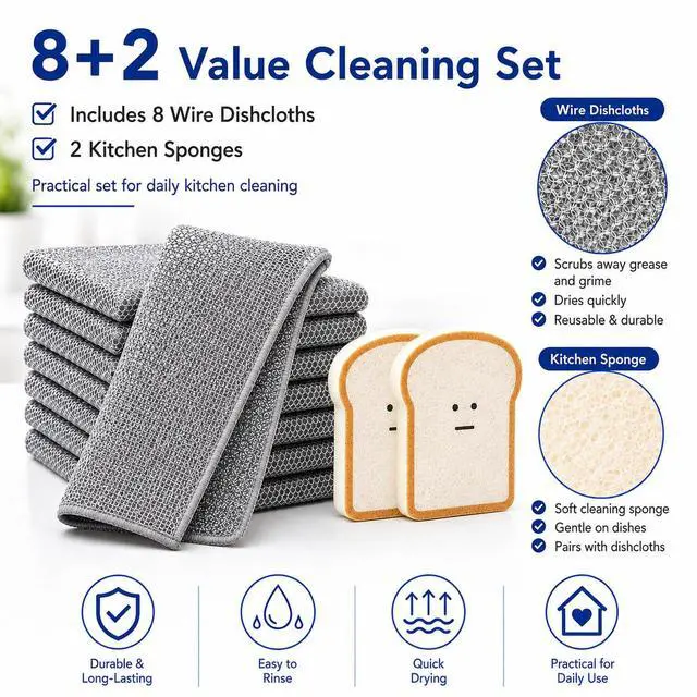 Alt view image 2 of 7 - Non Scratch Wire Dishcloths 8 Pack with 2 Kitchen Sponges, Reusable Double Layer Wire Cleaning Cloths for Pots, Pans, Dishes, Sinks and Stove Tops