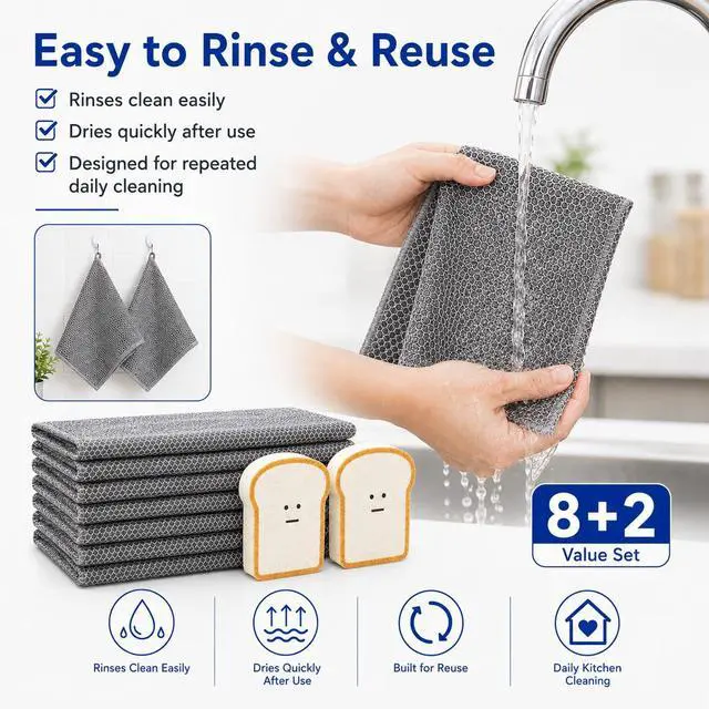 Alt view image 7 of 7 - Non Scratch Wire Dishcloths 8 Pack with 2 Kitchen Sponges, Reusable Double Layer Wire Cleaning Cloths for Pots, Pans, Dishes, Sinks and Stove Tops