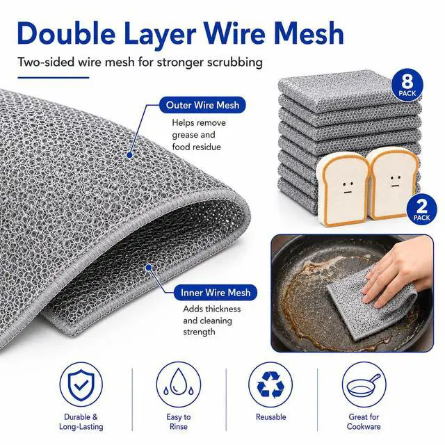 Alt view image 6 of 7 - Non Scratch Wire Dishcloths 8 Pack with 2 Kitchen Sponges, Reusable Double Layer Wire Cleaning Cloths for Pots, Pans, Dishes, Sinks and Stove Tops