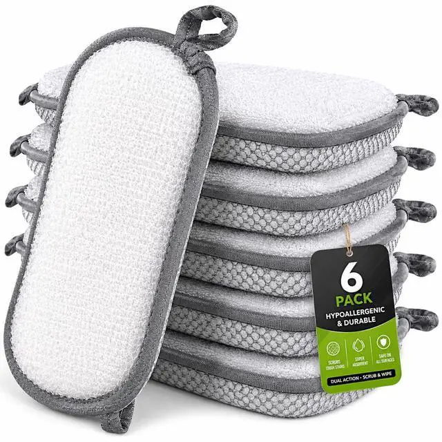 Main image of Sponges Kitchen Dish Dual-Sided Sponge for Washing Dishes Cleaning Kitchen, All-Purpose, 6 Pack, Non Scratch, Rough Scrubbers Side for Non-Stick Cookware, Soft Microfiber Scrub Side for Dishes