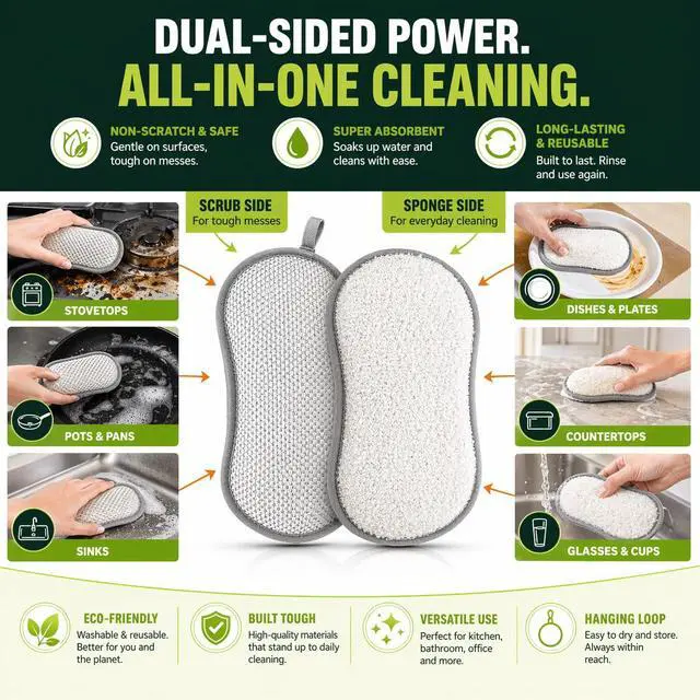 Alt view image 3 of 7 - Sponges Kitchen Dish Dual-Sided Sponge for Washing Dishes Cleaning Kitchen, All-Purpose, 6 Pack, Non Scratch, Rough Scrubbers Side for Non-Stick Cookware, Soft Microfiber Scrub Side for Dishes