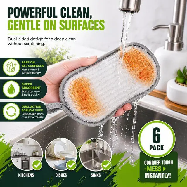 Alt view image 4 of 7 - Sponges Kitchen Dish Dual-Sided Sponge for Washing Dishes Cleaning Kitchen, All-Purpose, 6 Pack, Non Scratch, Rough Scrubbers Side for Non-Stick Cookware, Soft Microfiber Scrub Side for Dishes