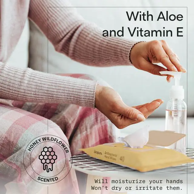 Alt view image 4 of 7 - Antibacterial Hand Wipes - Antibacterial Wipes With Aloe and Vitamin E | 6.69 x 6.3 in Antibacterial Wet Wipes |No Parabens, Sulfates or Phthalates, Kills 99.9% of Germs Honey Wildflower 40 Ct