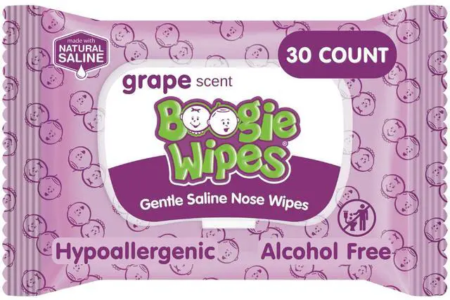 Main image of Wipes Saline Nose Wipes - 30 Count - Grape Scent, Hypoallergenic & Alcohol-Free - Allergy Relief - Made with Natural Saline, Aloe, Chamomile & Vitamin E - Diaper Bag Essential