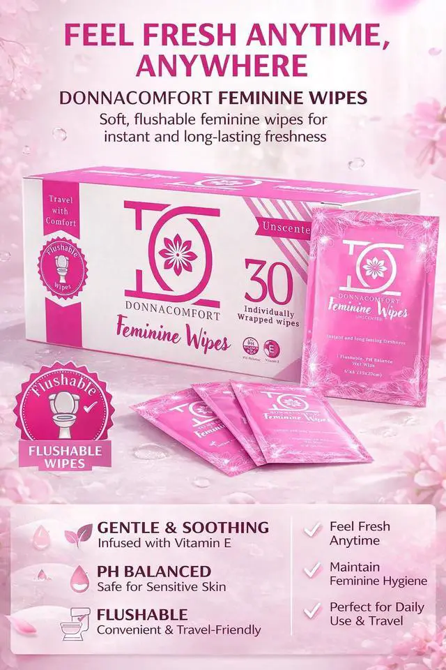 Alt view image 2 of 5 - Flushable Feminine Wipes for Sensitive Skin pH Balanced, Fragrance-Free Intimate Wipes with Aloe Vera & Vitamin E, Individually Wrapped Travel Size (30 Count)