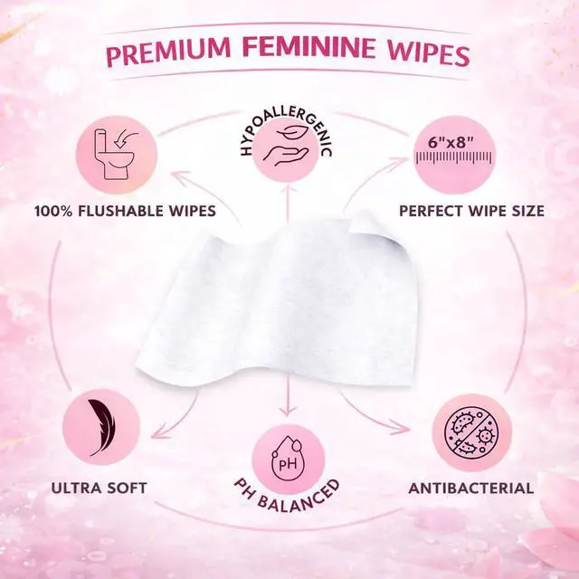 Alt view image 4 of 5 - Flushable Feminine Wipes for Sensitive Skin pH Balanced, Fragrance-Free Intimate Wipes with Aloe Vera & Vitamin E, Individually Wrapped Travel Size (30 Count)