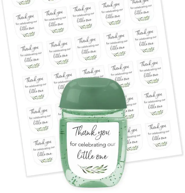 Main image of 30 Pack Mini Hand Sanitizer Labels Greenery Olive Baby Shower Thank You for Celebrating Our Little One Favor Stickers, High Gloss Waterproof Eucalyptus Party Favors S320-1