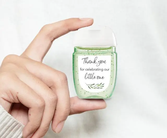 Alt view image 4 of 7 - 30 Pack Mini Hand Sanitizer Labels Greenery Olive Baby Shower Thank You for Celebrating Our Little One Favor Stickers, High Gloss Waterproof Eucalyptus Party Favors S320-1