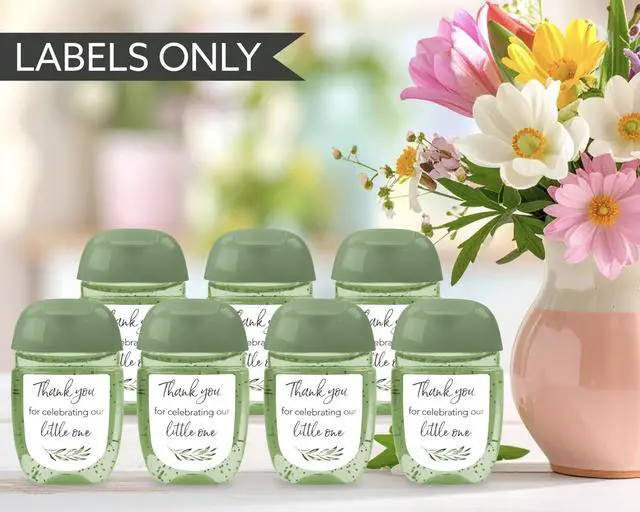 Alt view image 2 of 7 - 30 Pack Mini Hand Sanitizer Labels Greenery Olive Baby Shower Thank You for Celebrating Our Little One Favor Stickers, High Gloss Waterproof Eucalyptus Party Favors S320-1