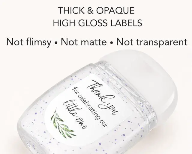 Alt view image 5 of 7 - 30 Pack Mini Hand Sanitizer Labels Greenery Olive Baby Shower Thank You for Celebrating Our Little One Favor Stickers, High Gloss Waterproof Eucalyptus Party Favors S320-1