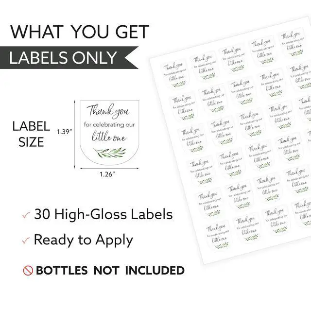 Alt view image 3 of 7 - 30 Pack Mini Hand Sanitizer Labels Greenery Olive Baby Shower Thank You for Celebrating Our Little One Favor Stickers, High Gloss Waterproof Eucalyptus Party Favors S320-1