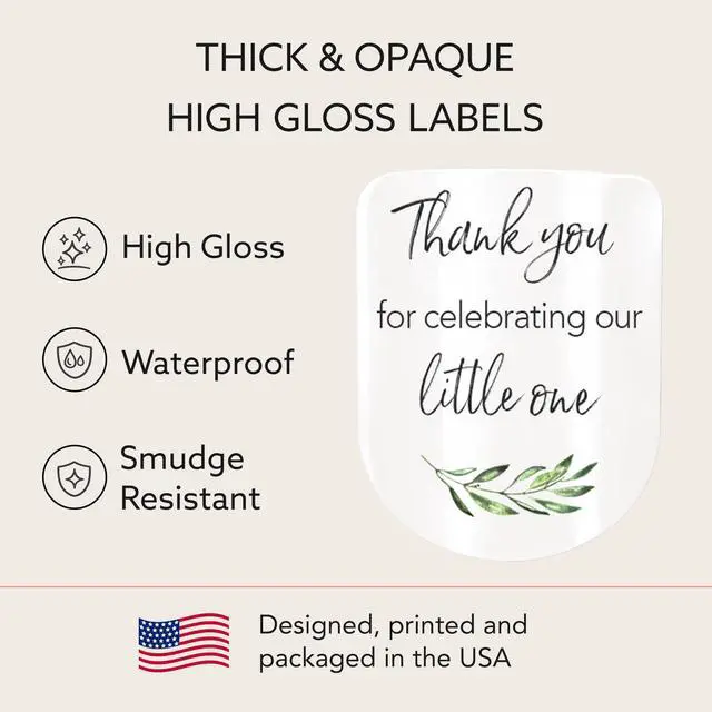Alt view image 6 of 7 - 30 Pack Mini Hand Sanitizer Labels Greenery Olive Baby Shower Thank You for Celebrating Our Little One Favor Stickers, High Gloss Waterproof Eucalyptus Party Favors S320-1