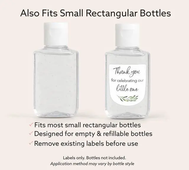Alt view image 7 of 7 - 30 Pack Mini Hand Sanitizer Labels Greenery Olive Baby Shower Thank You for Celebrating Our Little One Favor Stickers, High Gloss Waterproof Eucalyptus Party Favors S320-1