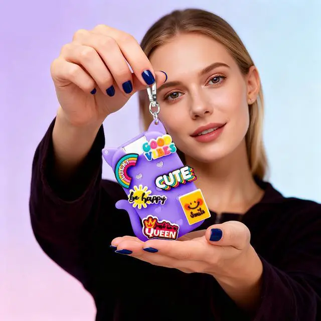 Alt view image 3 of 7 - Silicone Case Compatible with Touchland Hand Sanitizer Spray 1 FL OZ/30ML, Portable Cat-shaped Case with 6 Charms and Keychain, Cute Hand Sanitizer Spray Accessory (1PCS Purple)