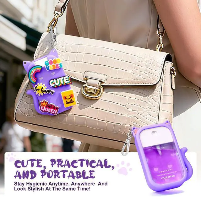 Alt view image 4 of 7 - Silicone Case Compatible with Touchland Hand Sanitizer Spray 1 FL OZ/30ML, Portable Cat-shaped Case with 6 Charms and Keychain, Cute Hand Sanitizer Spray Accessory (1PCS Purple)